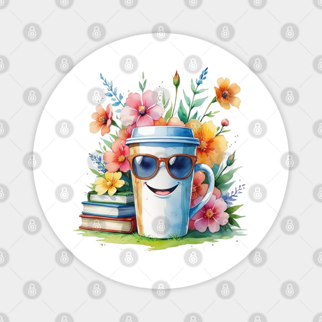 Flower Cup Coffee Books Funny Mood Magnet by SR8891